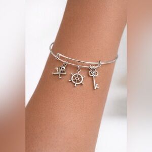 Silver Charm Bangle Bracelet Adjustable Nautical Skull Key